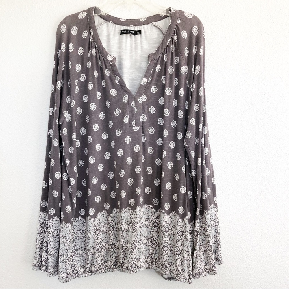 Max Jeans Gray Patterned Boho Long Sleeve Top Lg